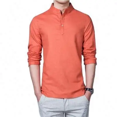 
Fashion long sleeve solid color Stand Collar Placket Plain Dyed cotton blend Hemp Basic Plain Hemp Men T-shirt 