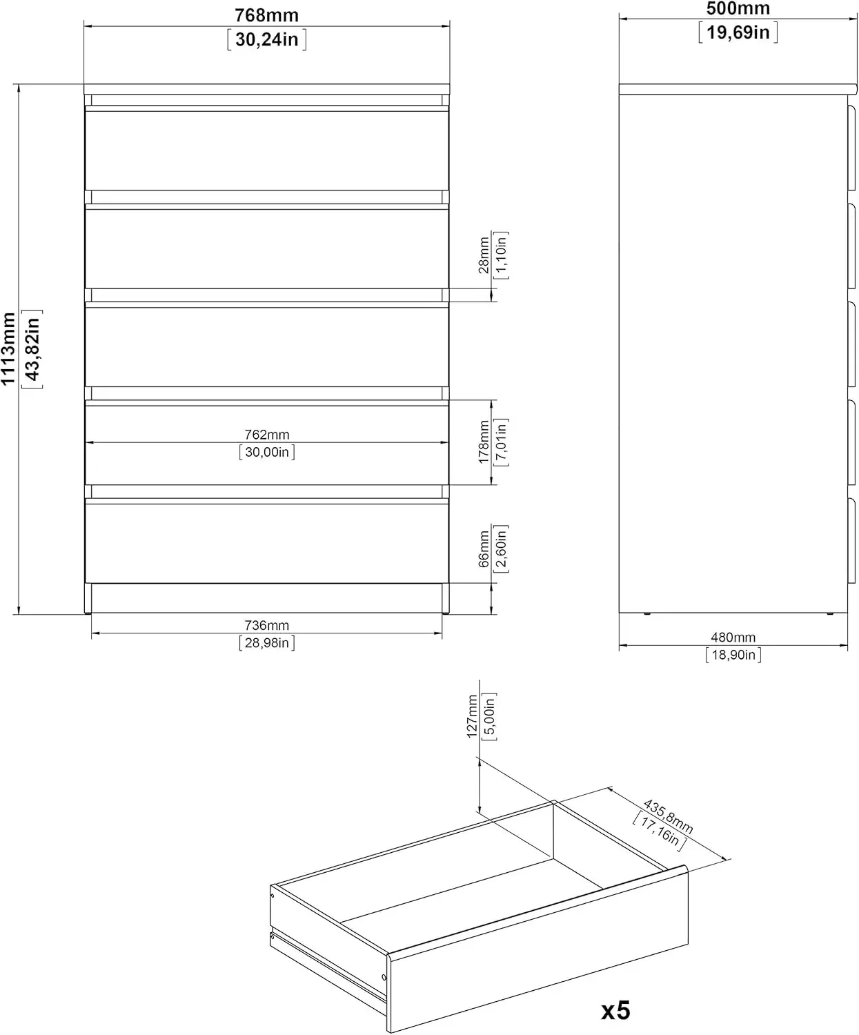 Manufactured Wood Side Table Hot Selling Chest of 5 Drawers in White High Gloss  Cheap Nightstand Bedroom Cabinet Bedside Table