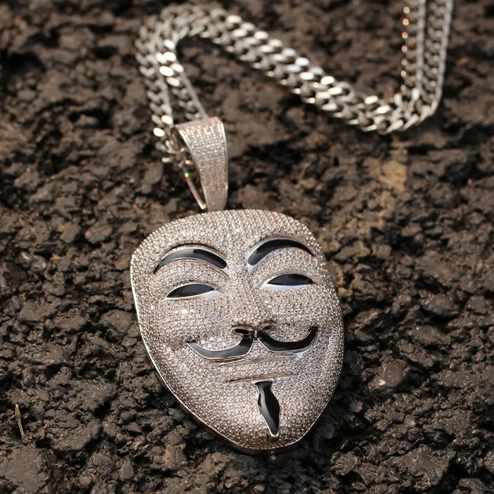 New Arrival HipHop V for Vendetta Iced Out Mask Pendant Necklace For Men