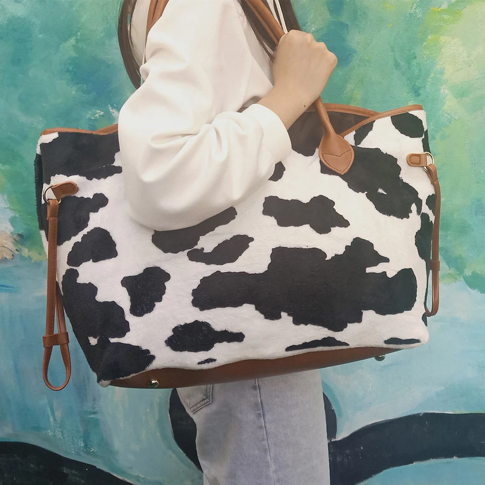 Women Suede Brown Cowhide Bag Wholesale Large Black and White Cow Print Weekend Tote Travel Bag Wristlet Gift