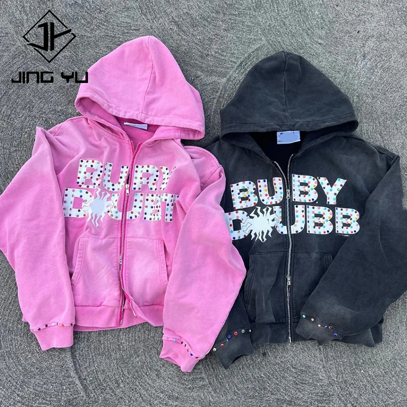 Custom manufacturer fleece french terry heavyweight thick zipper jacket rhinestone Double zip up hoodie men