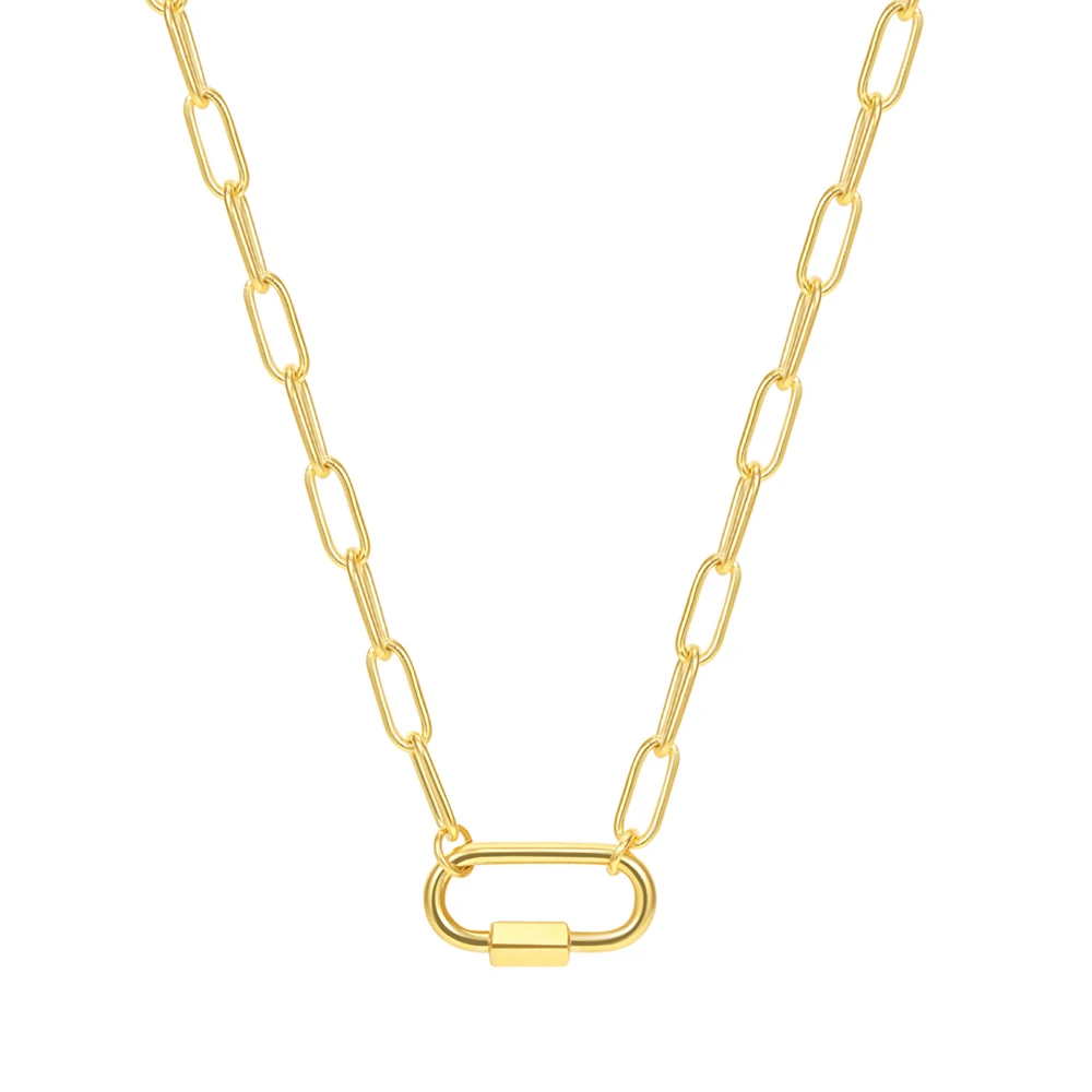 Fashion 18K Gold Plated Paperclip Chain Long Necklace Jewelry Stainless Steel Screw Oval Lock for Women