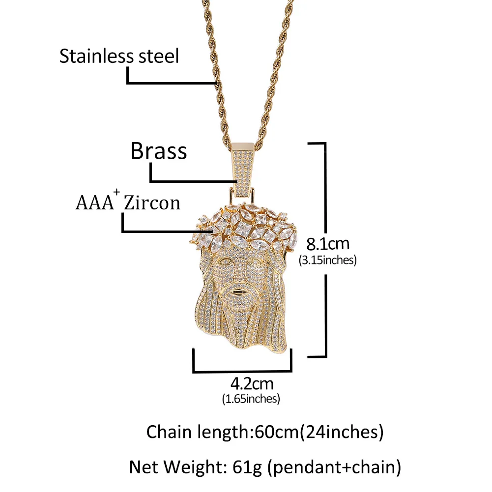 Iced Out Hip Hop Jewelry Big Size 18K Gold Plated Brass AAAAA CZ Diamond Jesus Pendant Necklace With  Rope Cain For Men