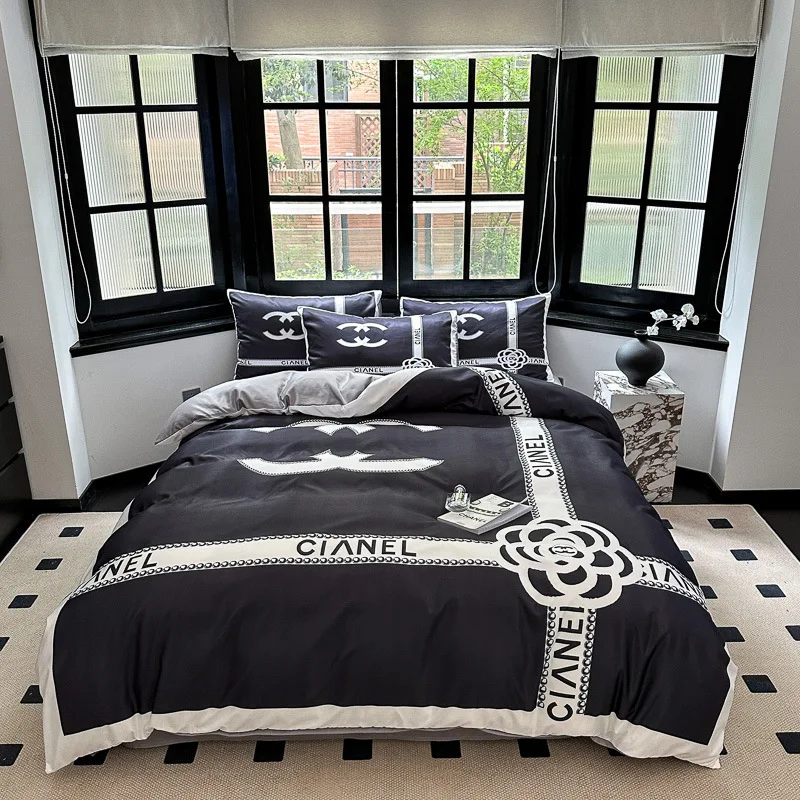 Brushed Cotton 4-In-1 Bedding Set Brown White King Size Duvet Cover Bed Sheet Bedding Set