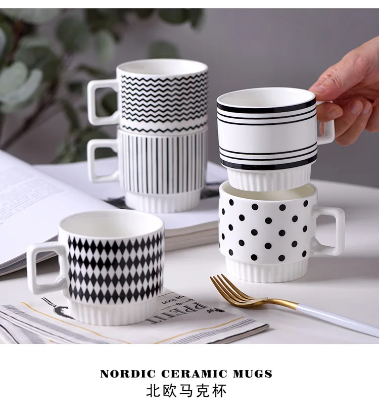 Nordic Porcelain Polka Dot Geometric Mug Hepburn Style Black and White Printing Drinkware Gift Ceramic Stacking Coffee Mugs Cup.jpg