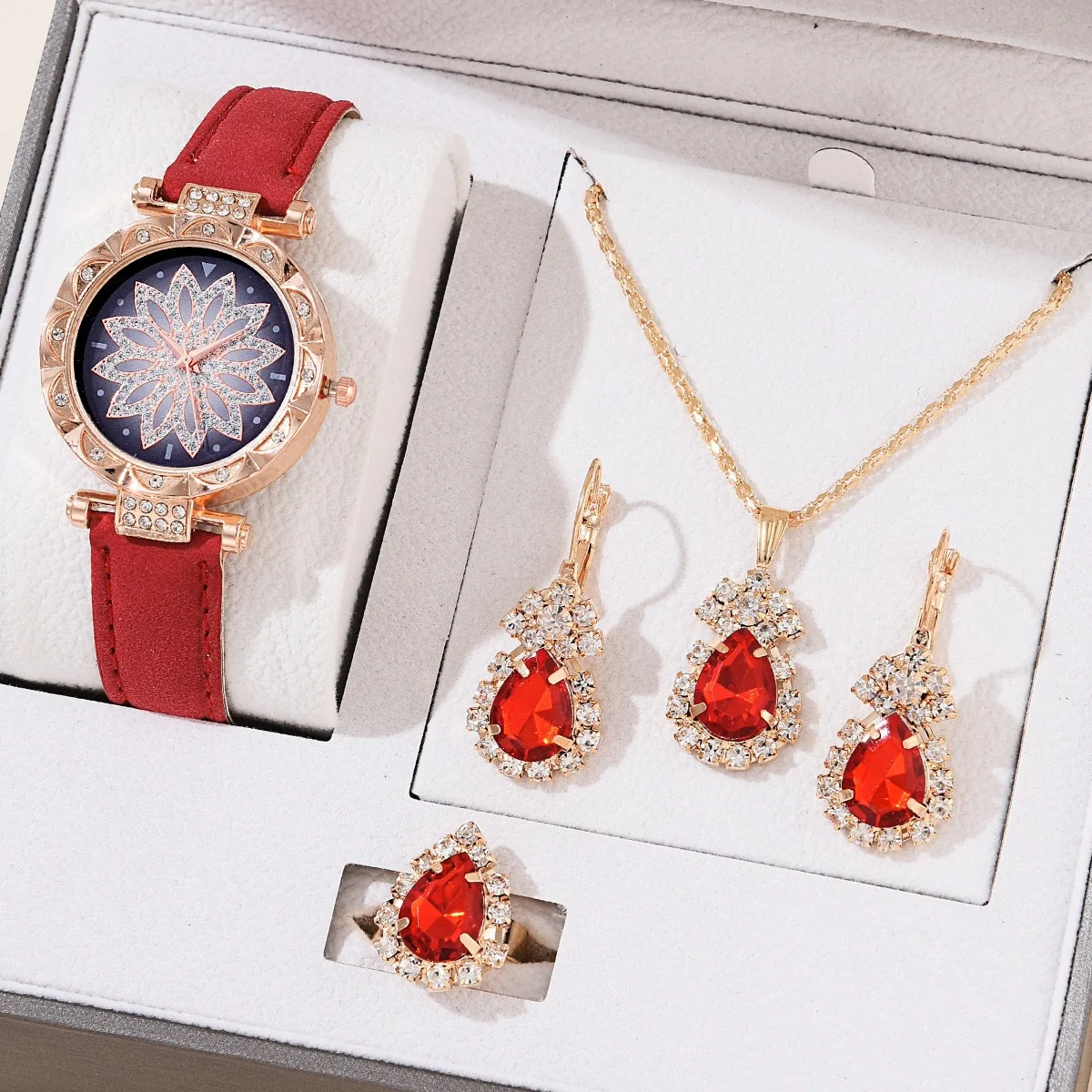 women watch set Hot Selling 4 Pcs Pu Watch Set Colorful Drop Pendants Earrings Bangle Jewelry Set For Women
