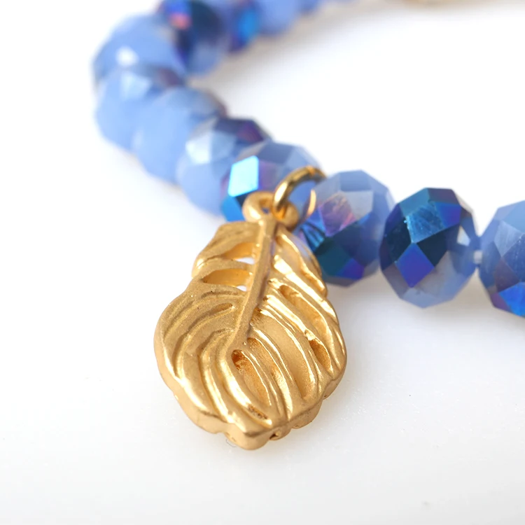 V&R Qingdao Jewelry Half Coating Matte Gold 18k Gold Plated Mix Opal Blue Faceted Bead Faceted Stripe Stone Stretch Bracelet
