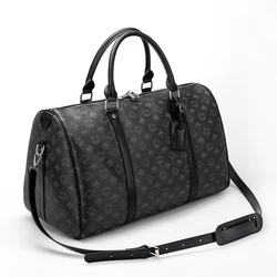 Custom Brand Logo Printed Black Zipper Luggage Travel Bags Checkered Vintage Weekender Luxury Men Women Hand Leather Duffle Bag