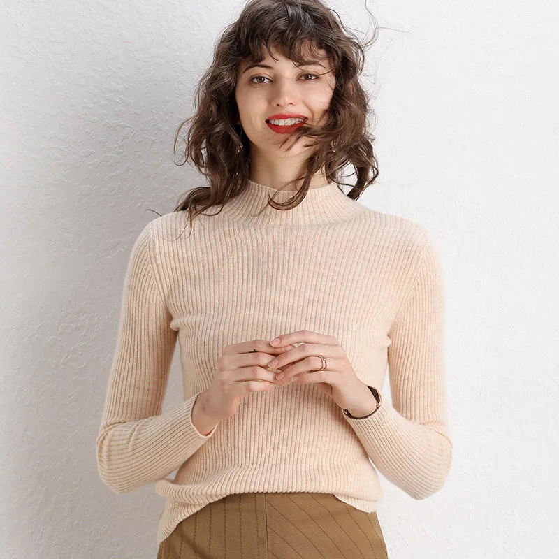 2022 Fashion Ladies Long Sleeve Slim Women Half Turtleneck 100% Pure Merino Wool Sweater