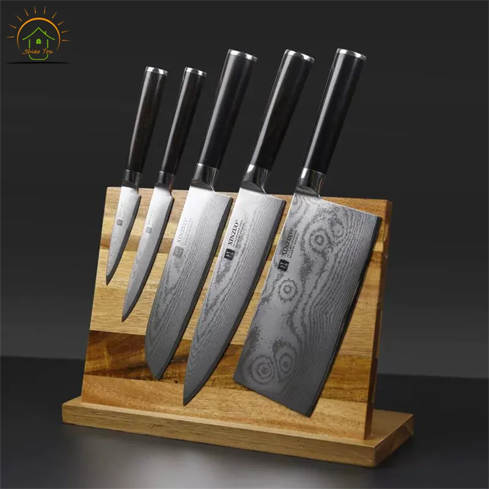 Custom Multi Purpose Functionality Organizing Kitchen Nature Magnetic Acacia Wood Kitchen Knife Holder and Stand