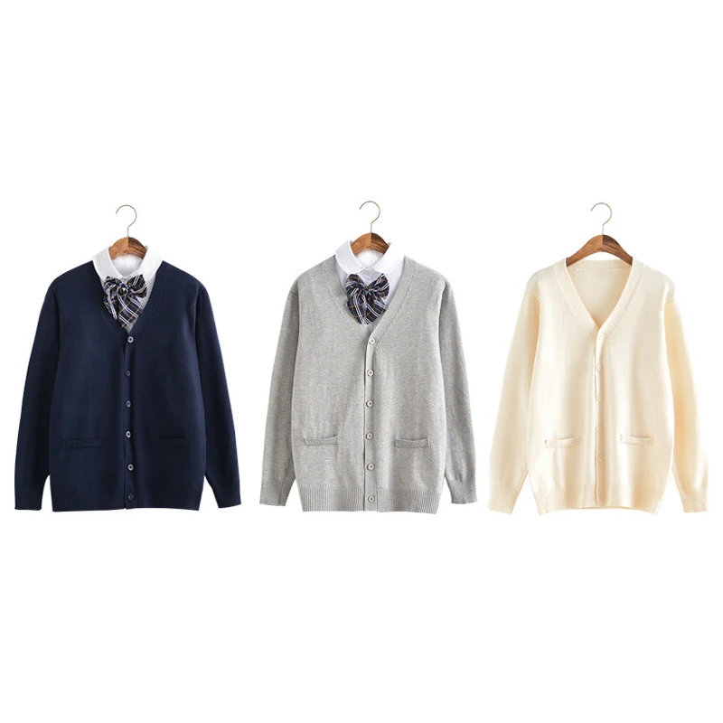 VSCOO high quality solid color long sleeve uniform school v neck knit cardigan sweater