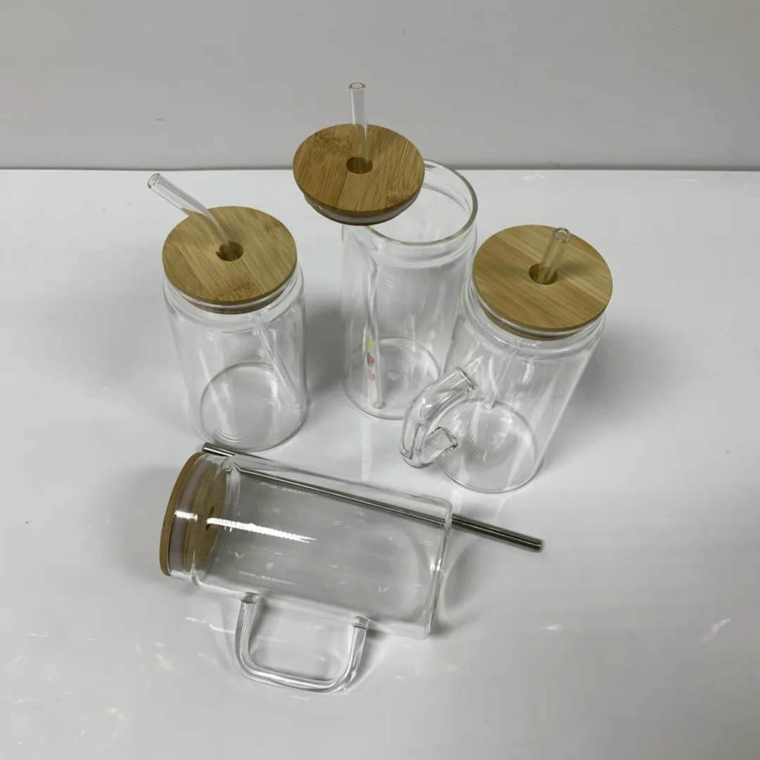 NO MOQ high borosilicate glass sublimating tumbler  with handle 16oz 18oz glass tumblers with bamboo lid straw