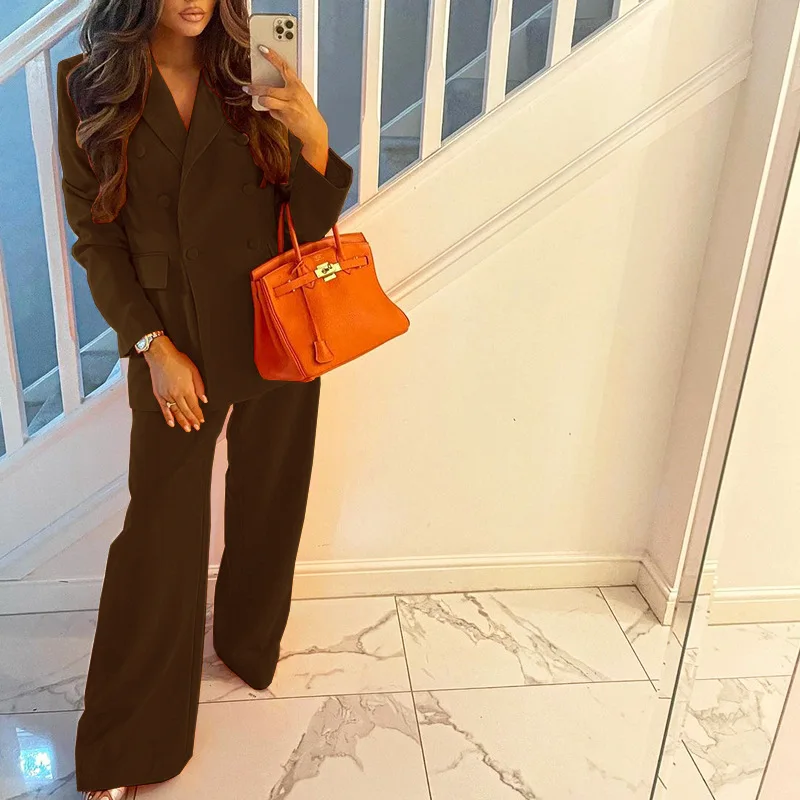2022 Autumn Hot Sale Outfit Fashion Solid Color Blazer with wide Leg Pants Two Pieces Sets Long Sleeved Ol Women Suits
