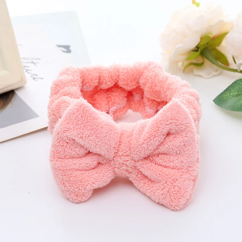 Soft Solid Color Face Makeup Hair Bands for Washing Face Shower Fluffy Coral Fleece Women Bow Facial Spa Headband