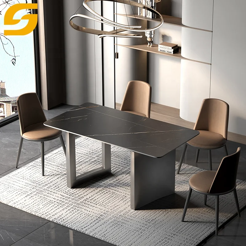 Modern Home Furniture Simple Luxury Design 6 Seater Dining Table Set Stainless Steel Base Rectangle Sintered Stone Dining Table