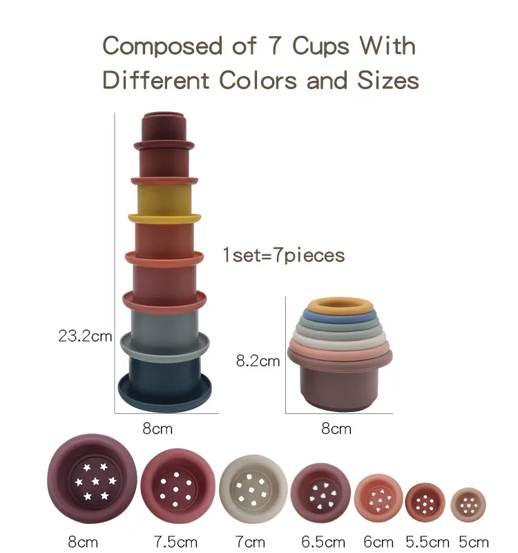 2023 Popular Baby Silicone Stacking Toys 7 pcs Cups Educational Beach Toys For Kids