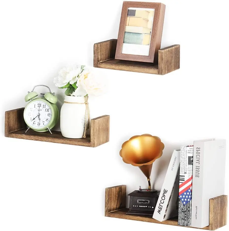 Rustic Wood U Shaped Floating Shelves Wall Mounted Set of 3 Modern 3 Floating Shelves