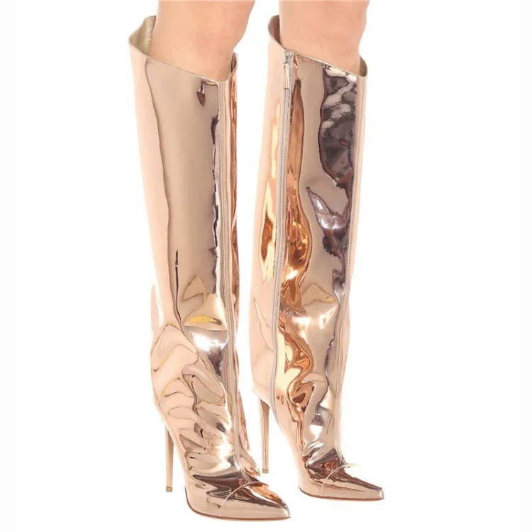New Fashion Design Fall Stiletto Patent Leather Silver Gold Women Boots Side Zipper Thigh Tall Boots