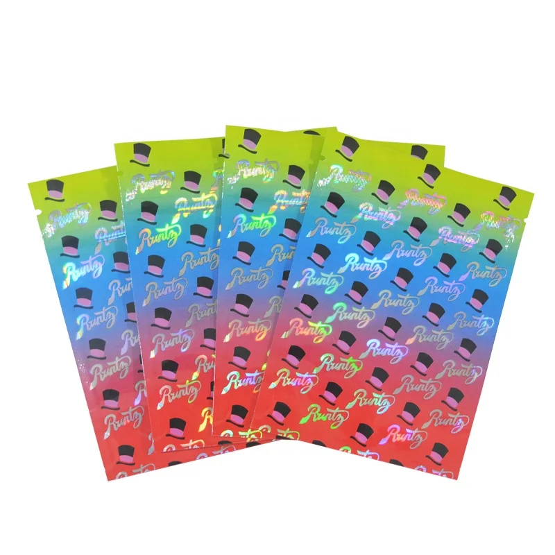 
100 PCS Laser Holographic Runtz Color Bag Stand Up Pouches Customized Printing CBD Candy Gummy Smell Proof Zipper 3.5g 28g Bags 