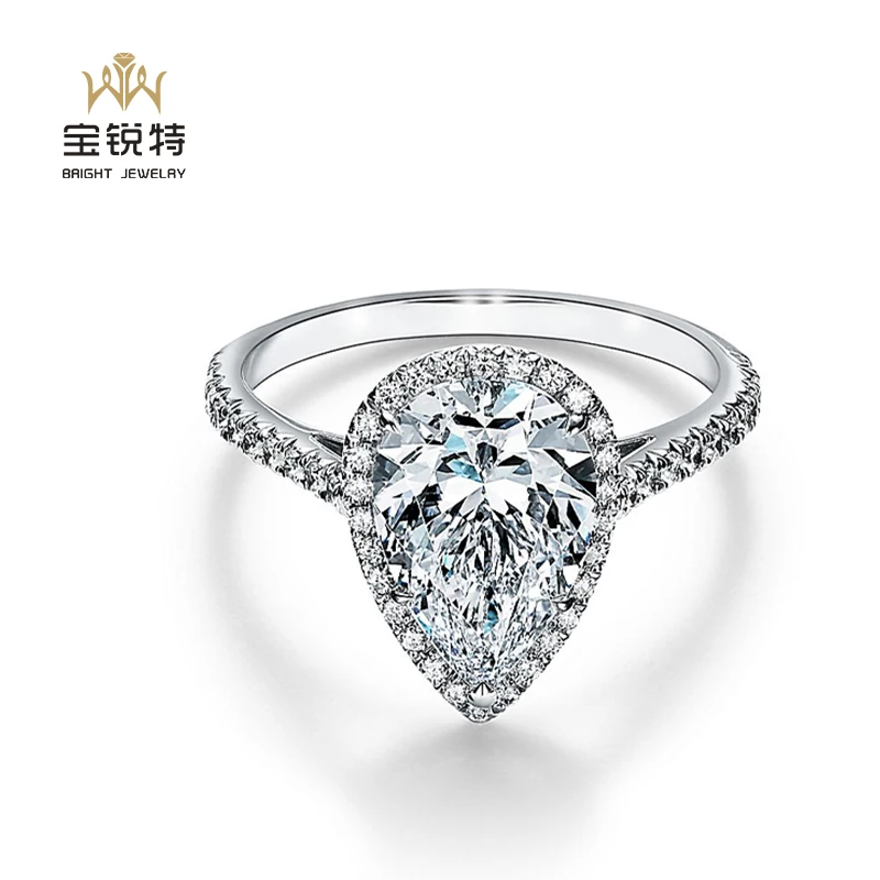18k White Gold Custom 2 Catat Pear Solitaire Diamond Ring Halo Diamond Wedding Rings Women