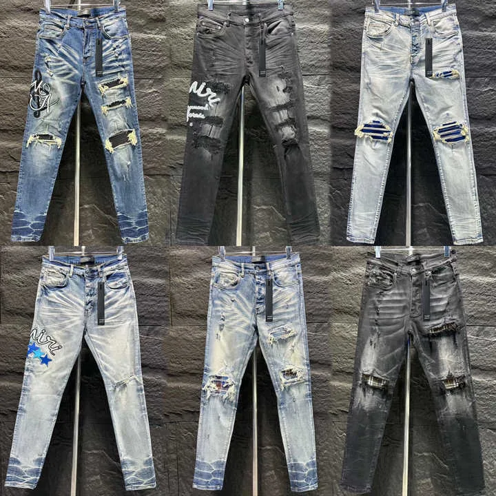 Новое поступление высококачественные узкие джинсовые брюки хлопковые джинсы потертые уличные рваные фиолетовые Мужские D2