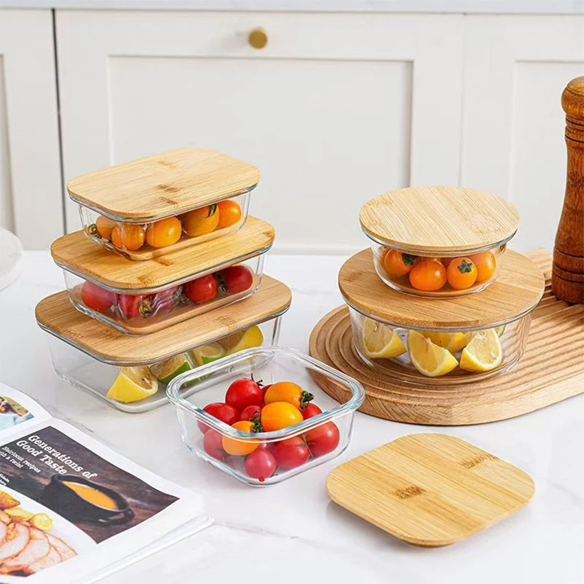High Temperature Resistant Dish Food Lunch Box Glass Bowl With Wood Lid Household Tableware Glass Bowl Set