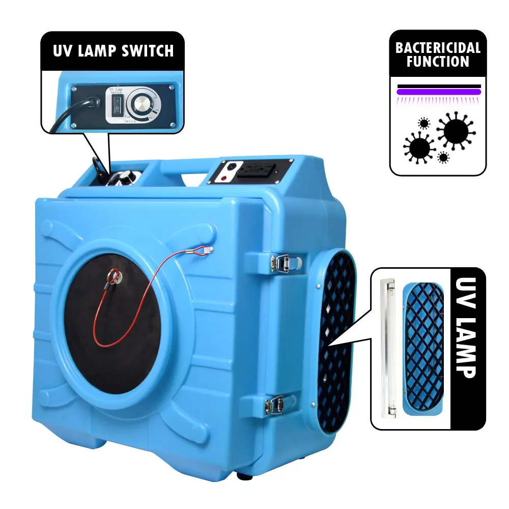 OneDry portable air scrubber with socket variable speed H13 HEPA filter used with dehumidifier air movers for restoration