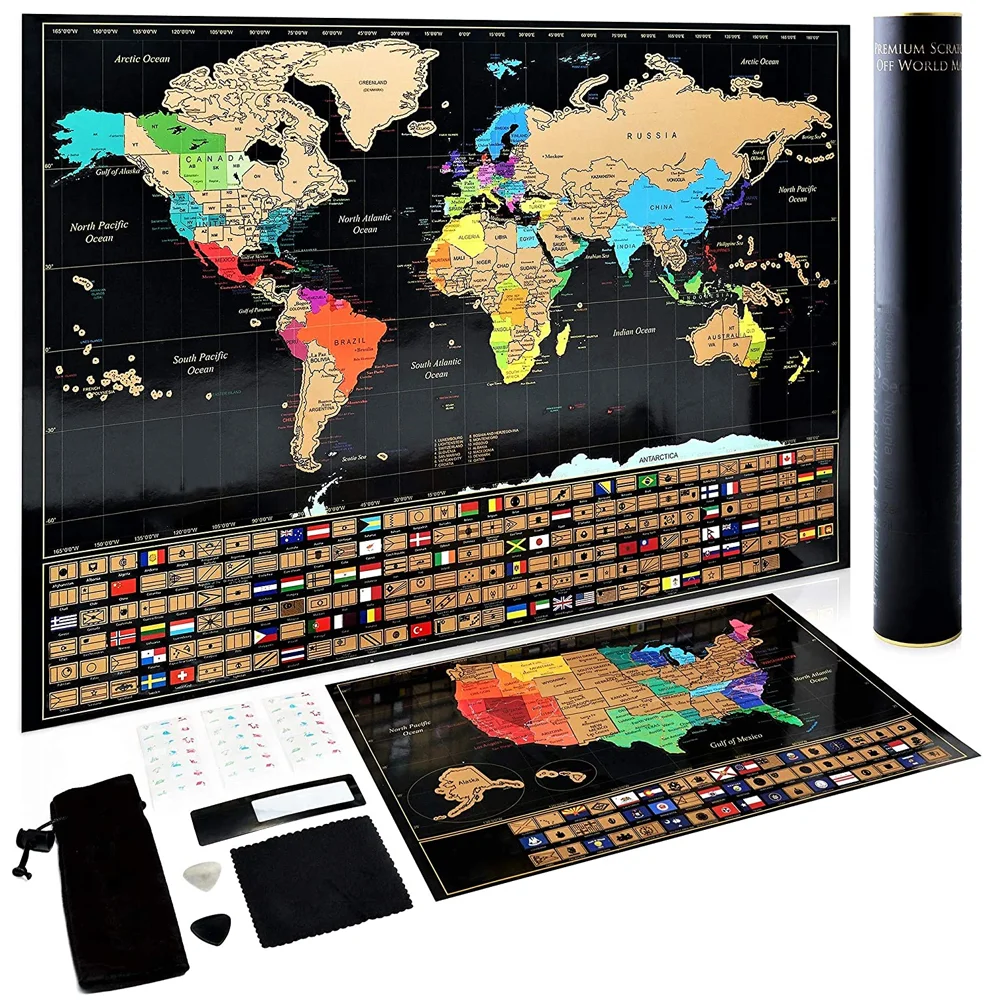 
Premium Quality Newest Large Scratch The World Travel Map of the word scratch map with stickers 