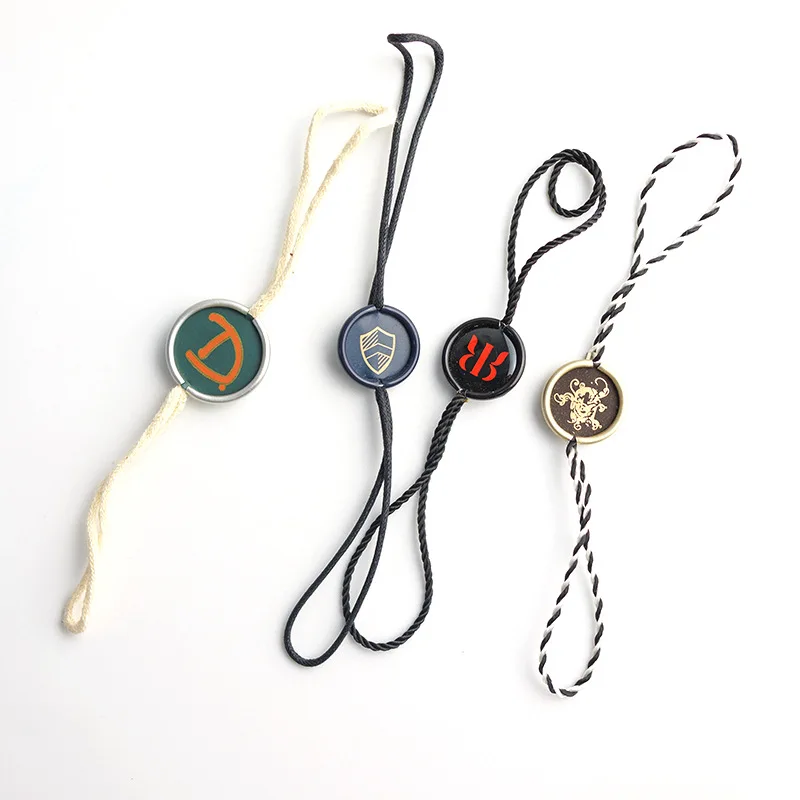 ST08 Clothing Metal Snap Lock Seal Tags Supplier Custom Debossed Brand Name Logo Rectangle Hang Tag Ribbon Strings for Garment