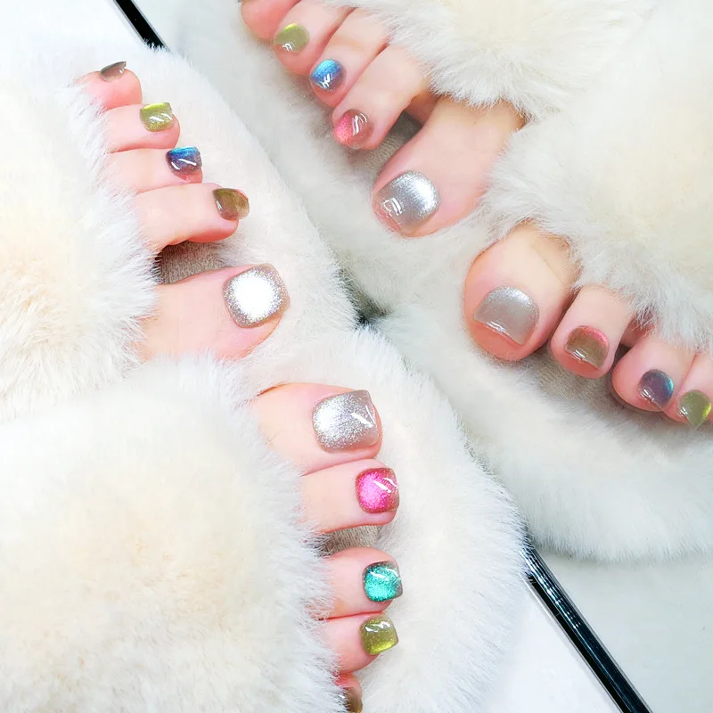 Wholesale price false toe nails high quality eye cat glitter artificial press on toe nails false nails foot
