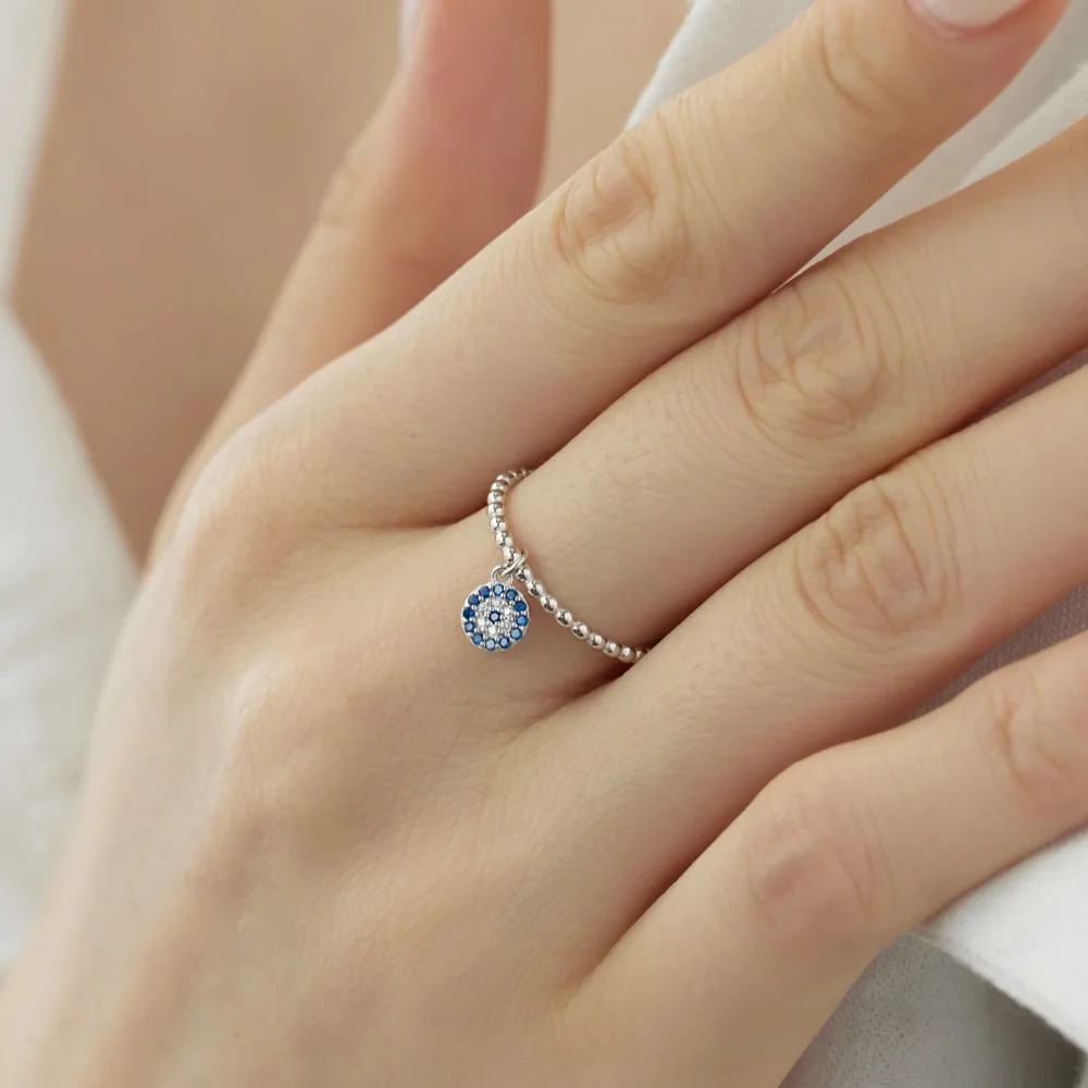 Dylam Dainty Fine Fashion Women Jewelry S925 Silver Beaded Eternity 5A Cubic Zirconia Dangle Evil Roundel Blue Evil Rings