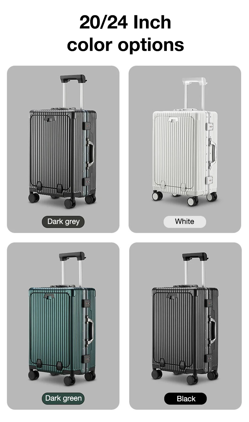 2023 New Design Multifunctional Front Open Luggage Aluminum Suitcase Travel Bag With Usb Charger And Cup Holder