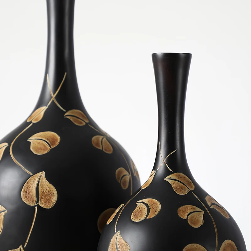 Best Selling luxury Tall Long Neck Leaf Pattern Floor  Black Resin Vase
