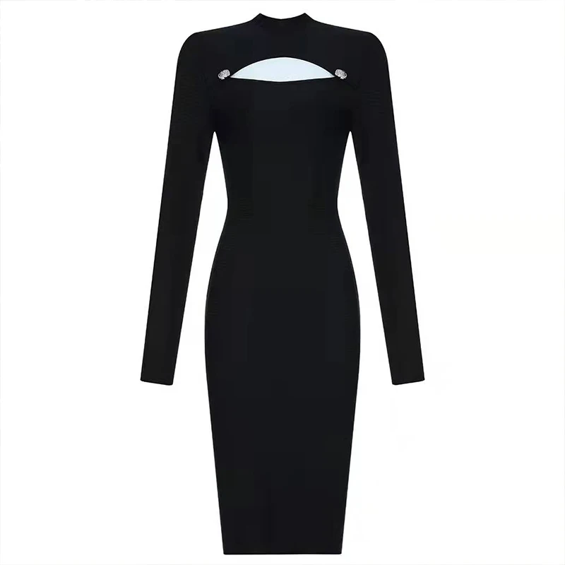 Knitwear manufacturers custom black long sleeve cutout ribbed knit women sweater dress