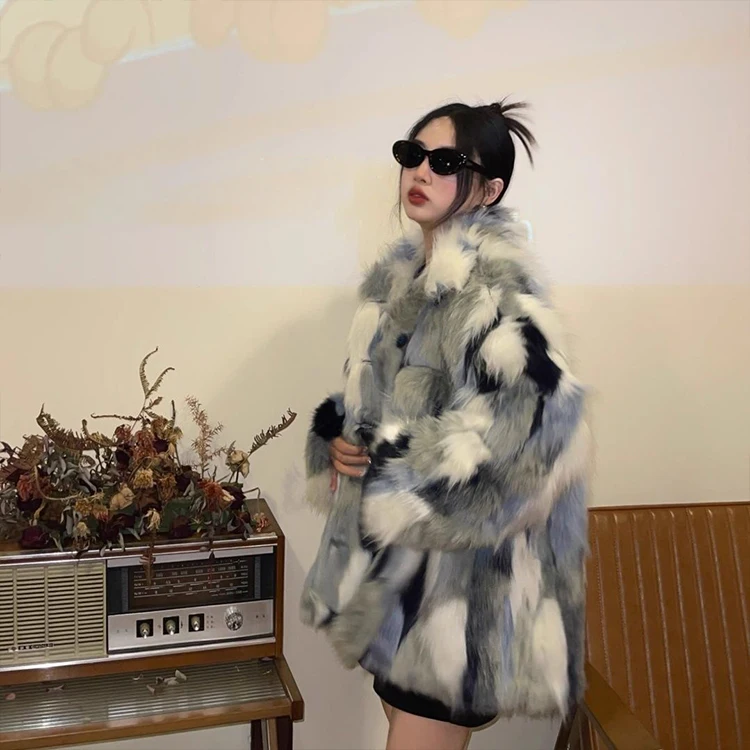 Warm Colorful Hot Sexy Stylish Faux Fox Fur Coat Fall Winter Long-Sleeved Plush Jacket Mixed Color Faux Fur Coat For Women