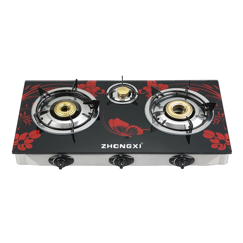 8mm Tempered Glass Table Top 3 Burner Gas Stove with Cast Iron Burner