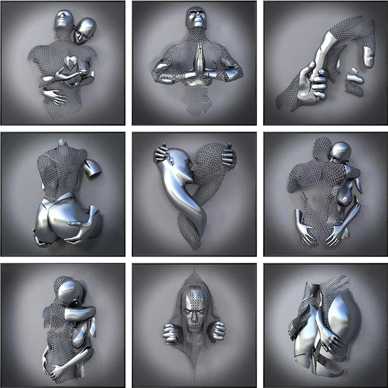 Nordic Couples Metal Figure Statue Abstract Art Canvas Painting Lover Sculpture Wall Hanging Painting for Living Room Home Decor