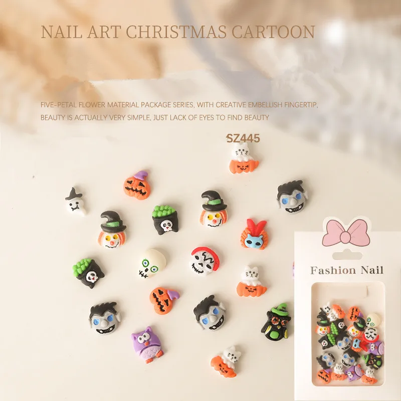 20pcs Halloween resin diamond cute cartoon skull wizard pumpkin head nail art decorations