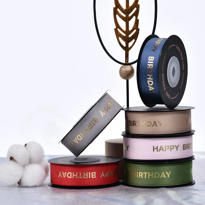 RIBEST Personalised Gilding Custom Polyester Cotton Ribbon With Logo Printed Happy Birthday For Gift