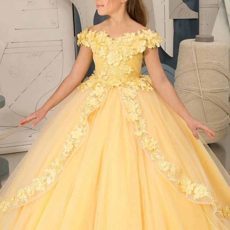 Off The Shoulder Appliques Pageant Gowns First Communion Dresses For Kids Party Dress Yellow Flower Girl Dresses For Wedding