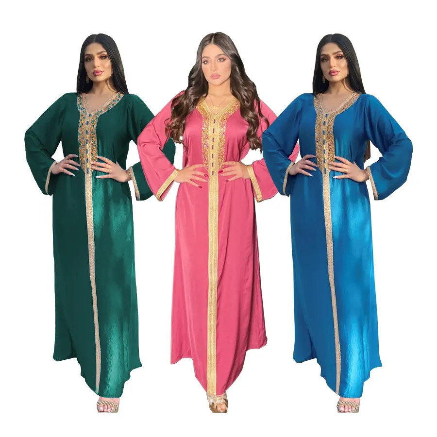 Foma AB073 dubai islamic clothes women ramadan muslim ladies retro noble velvet v neck maxi long dress