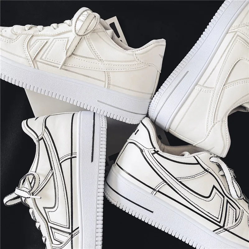 High Quality Leather Sneakers Orignal Comic Style Thick Line Graffiti Anime White Skateboarding Shoes