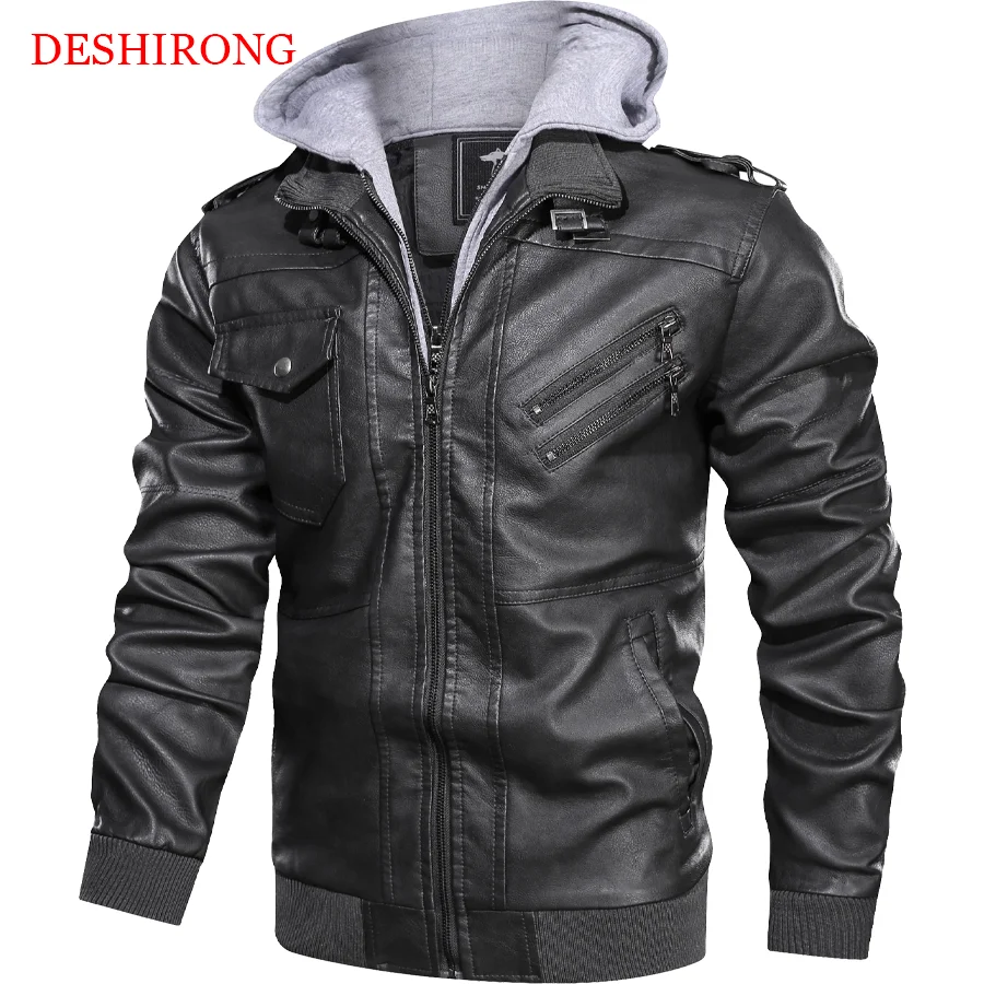 2022 New Fashion Cool Leather Jacket Men Zipper Collar Long Sleeves Hoodie Motorcycle Leather Jackets