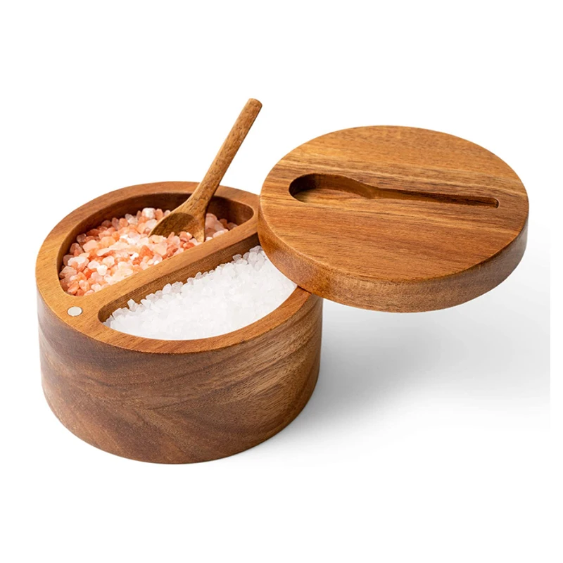 Acacia Salt Box Divided with Magnetic Swivel - 2-Compartment Wooden Spice Cellar