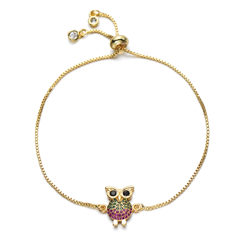Jewelry Adjustable Chain Bracelet Luxury Copper Green and Fuchsia Cubic Zirconia Animal Charm Owl Bracelets for Women