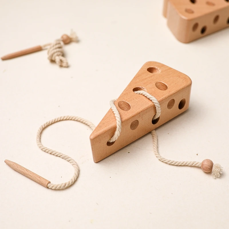 Baby Toy Wooden Cheese Threading Game Pure Wood Montessori Toy