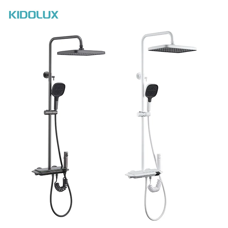 Kidolux 340mm Matte Grey Large Shower System Set Cold and Hot Digital Display Rain LED Shower Head High Pressure Bathroom Faucet