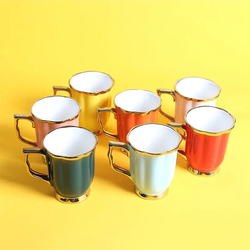 Wholesale Nordic Ceramic Coffee Gold Handle Rim Luxury Colorful Mugs Porcelain Tea Milk Color Glaze Cups