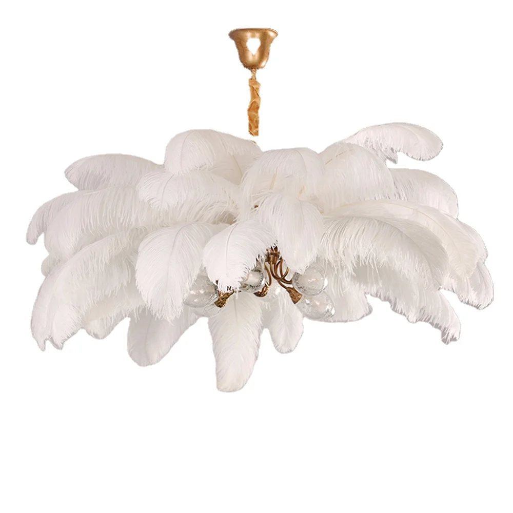 China Wholesale Natural Ostrich Feather Pendant Lights Pendente Art Bedroom Copper Hang Lamp Chandelier Restaurant Lighting