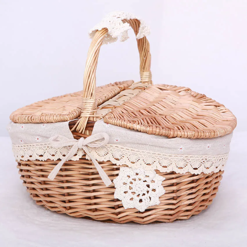 Wholesale Country Style Insulated Wicker Picnic Basket Hamper with Lid and Handle & Liners